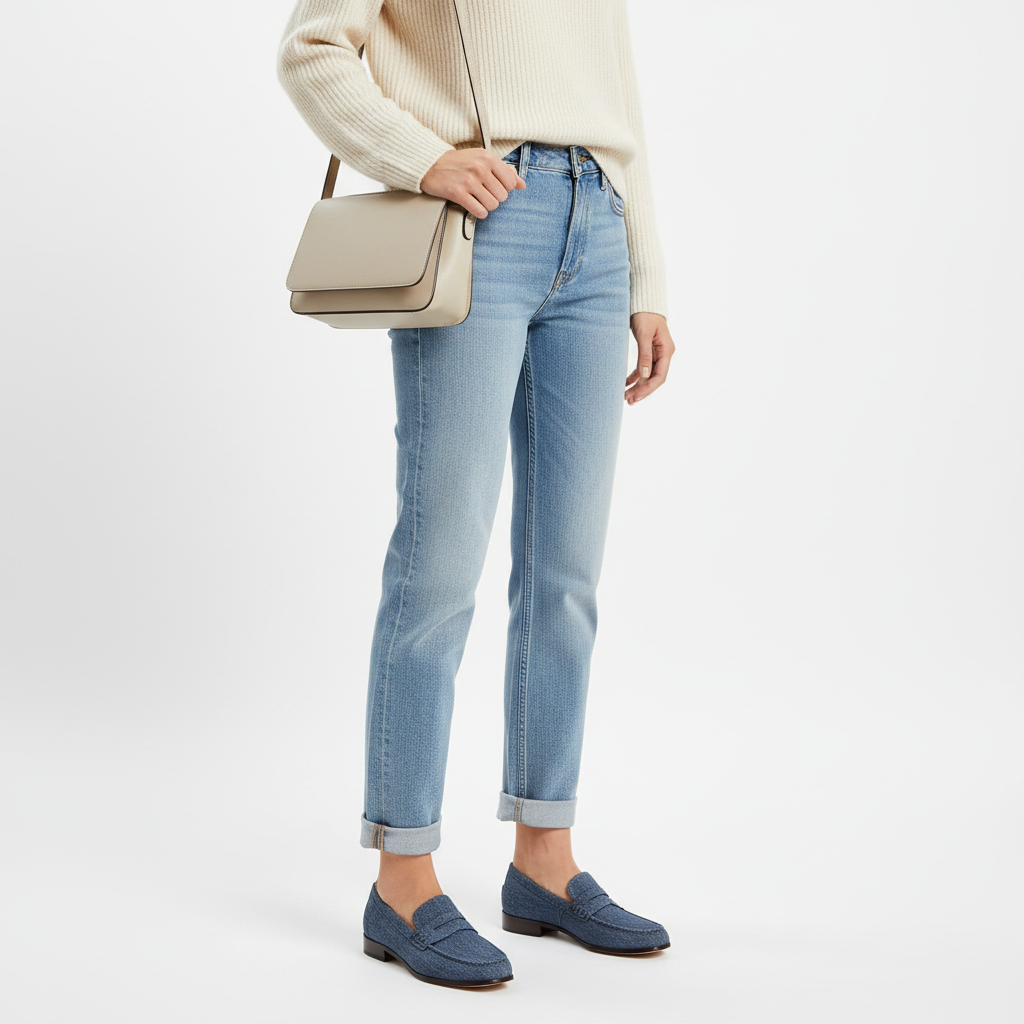 Chic Penny Loafers in Denim Blue – Model Shot