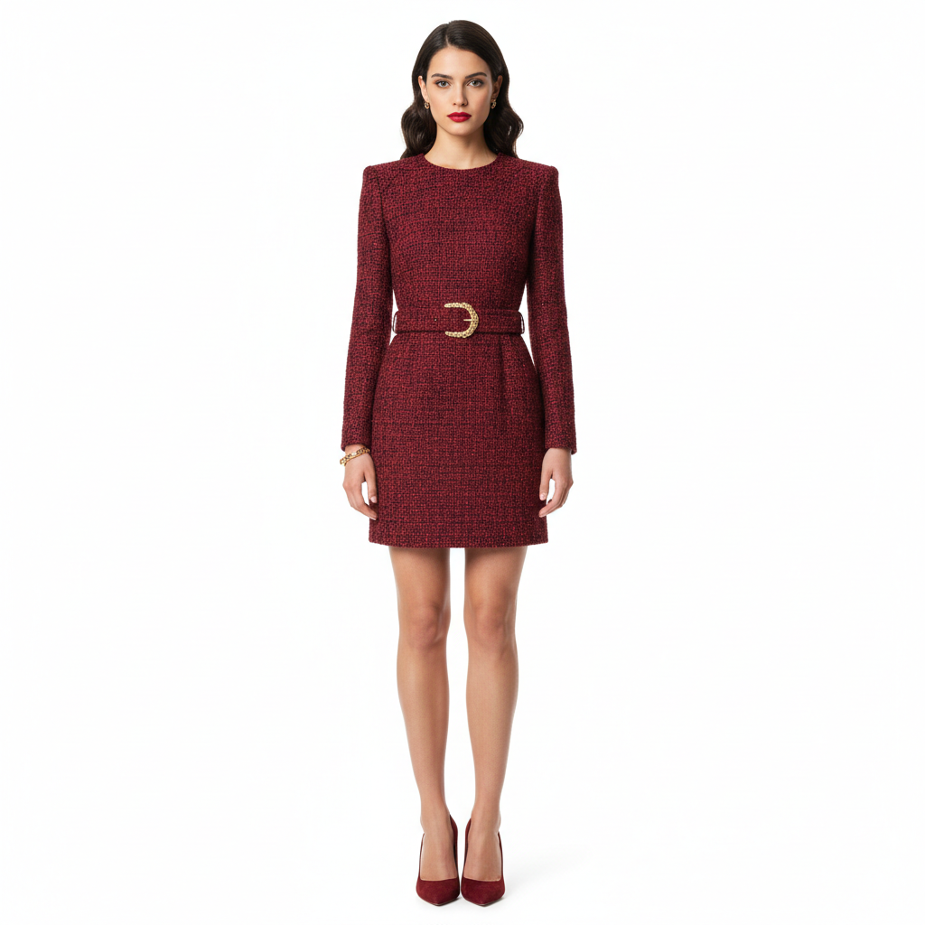 Model wearing Tweed Belted Mini Dress in Crimson Rouge