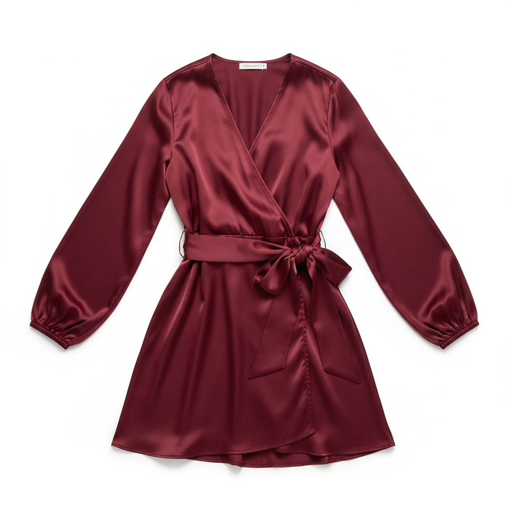 Satin Wrap Mini Dress in Burgundy Wine – Hero