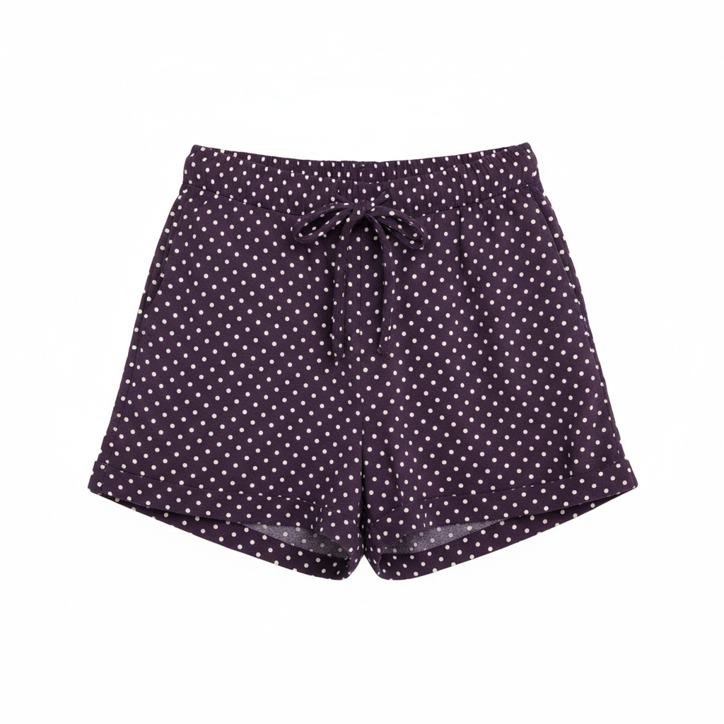 Polka Dot Casual Shorts in Midnight Plum – Front View