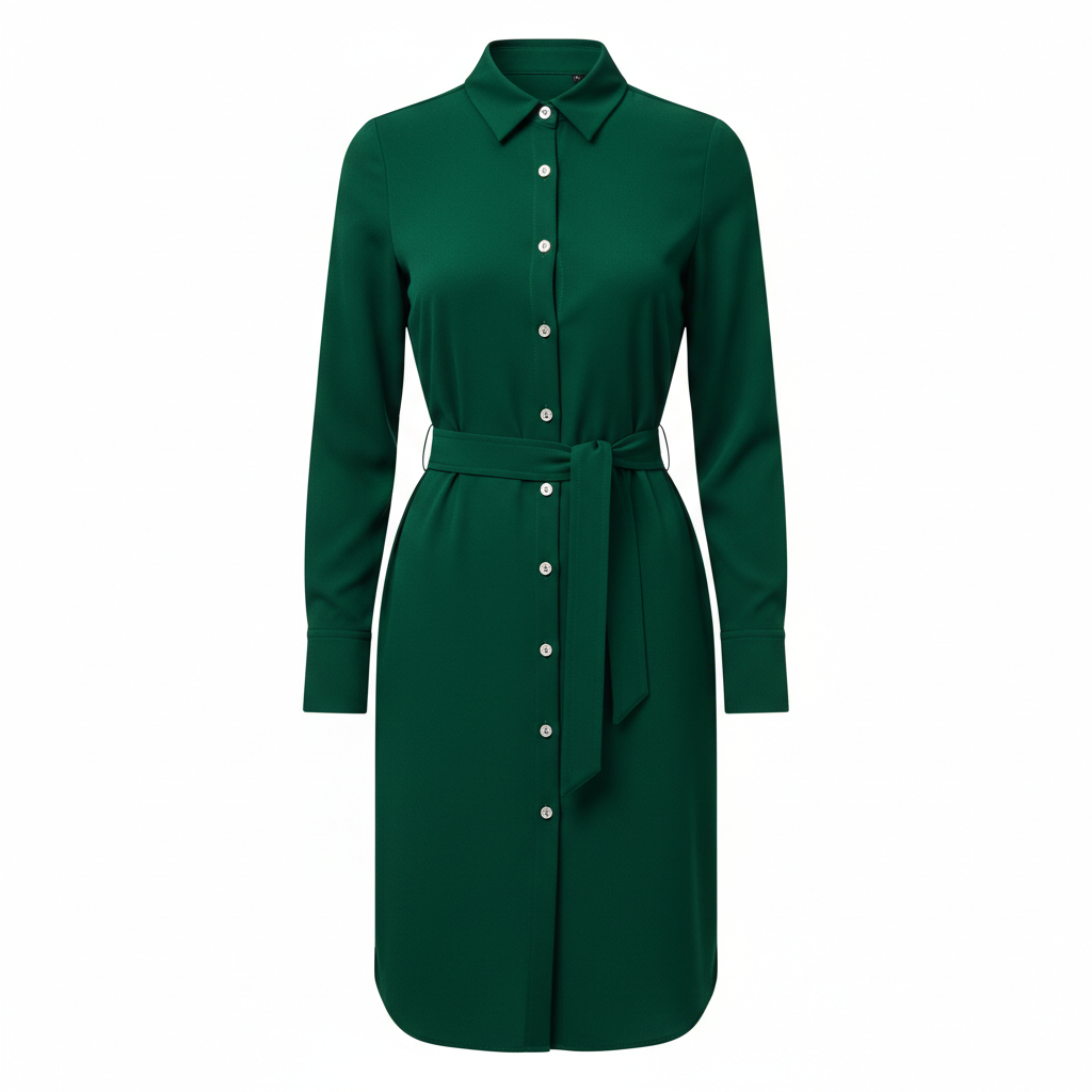 Shirt Belted Dress in Forest Green – Front View