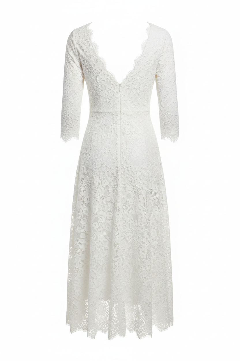 Lace Midi Dress in Ivory White - Back View