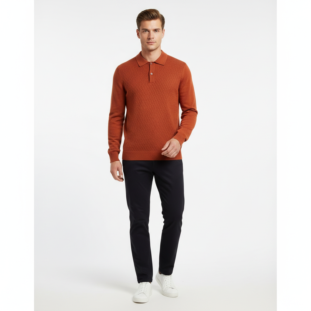 Relaxed Polo Sweater in Terracotta Rust – Male Model Shot