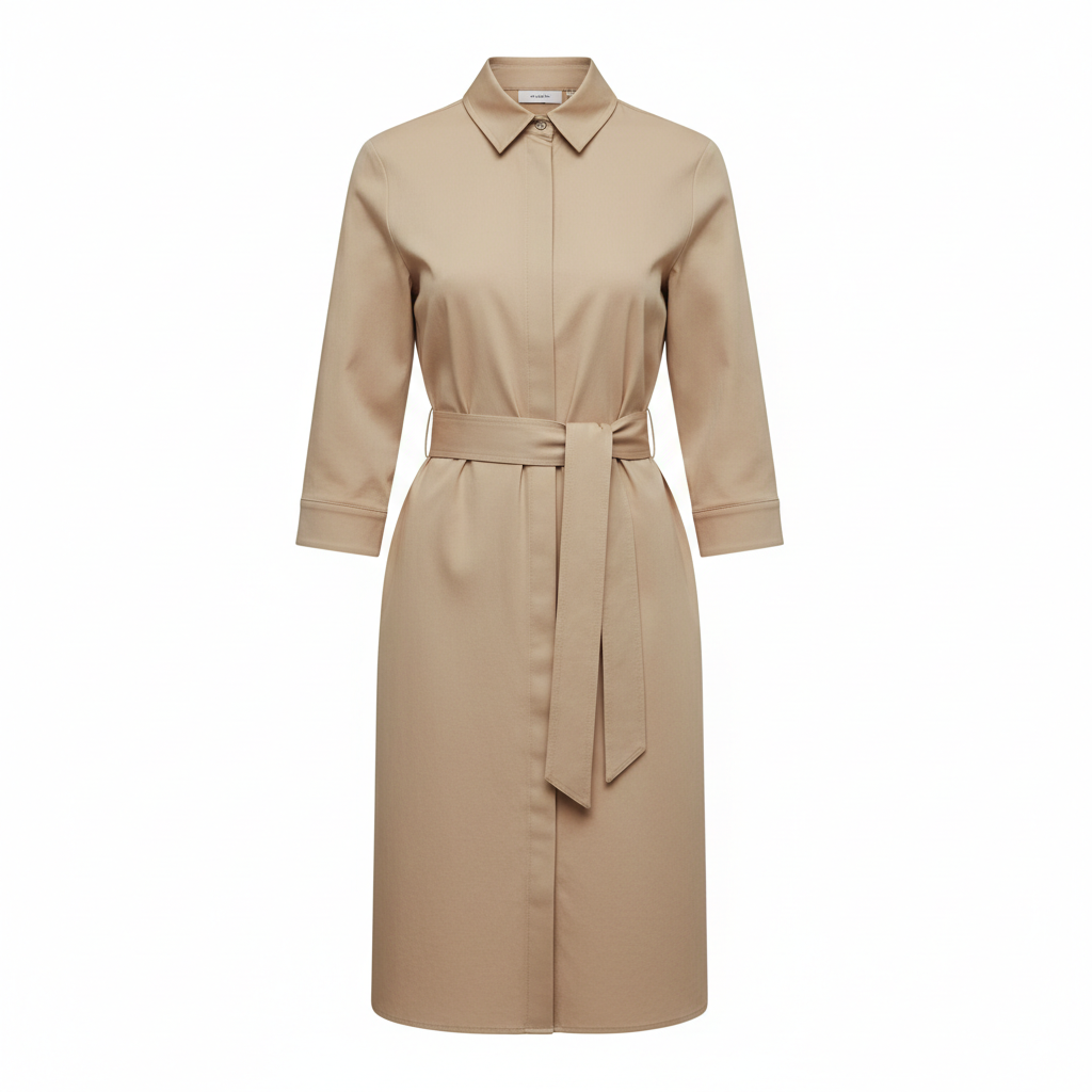 Shirt Belted Dress in Sand Beige – Front View