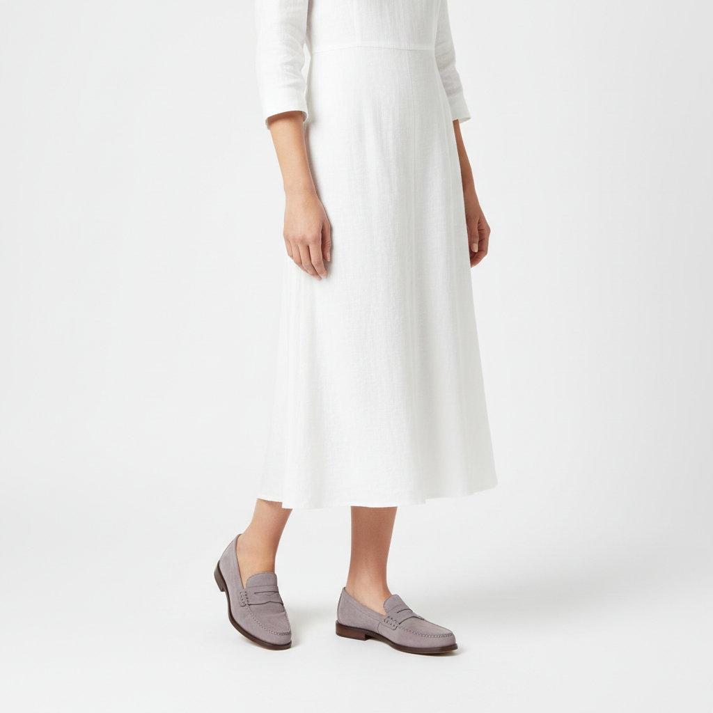 Chic Penny Loafers in Lavender Grey – Model Shot
