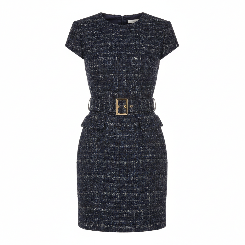 Tweed Belted Mini Dress in Midnight Tweed Navy – Front View