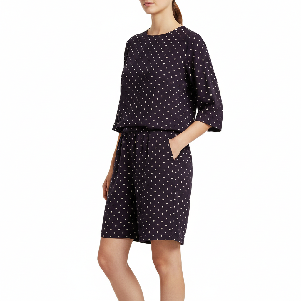 Polka Dot Casual Shorts in Midnight Plum – Model Shot