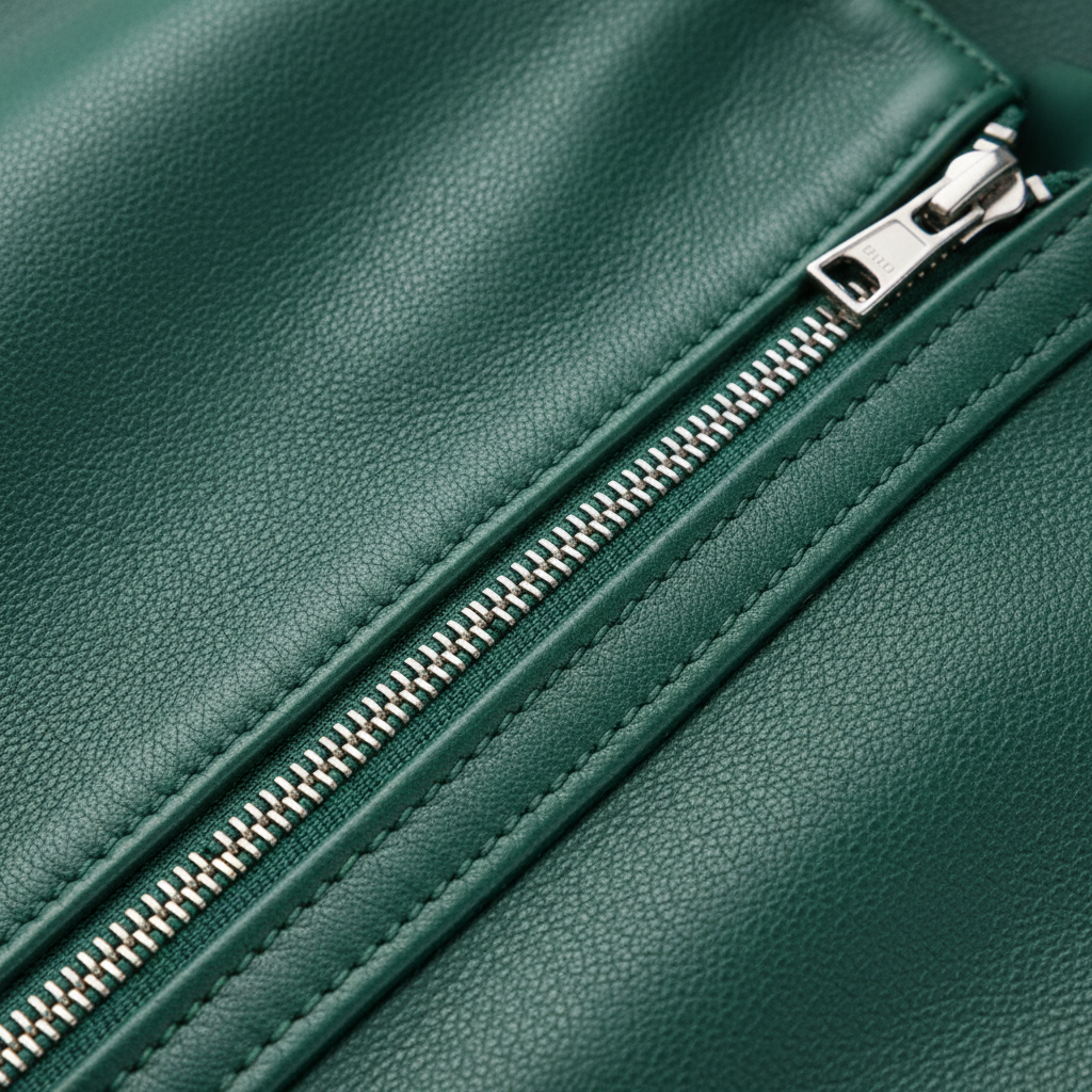 Noir Leather Jacket – Emerald Green – Leather Detail