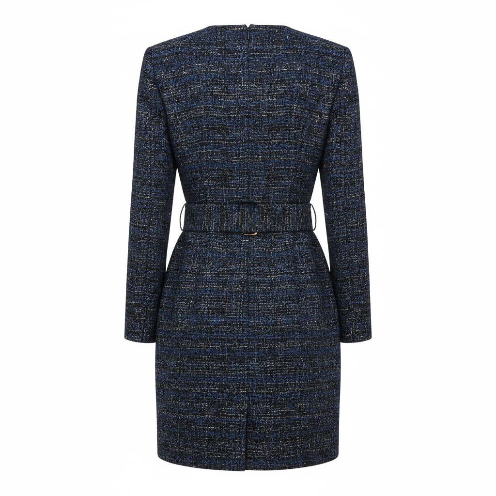 Tweed Belted Mini Dress in Midnight Tweed Navy – Back View