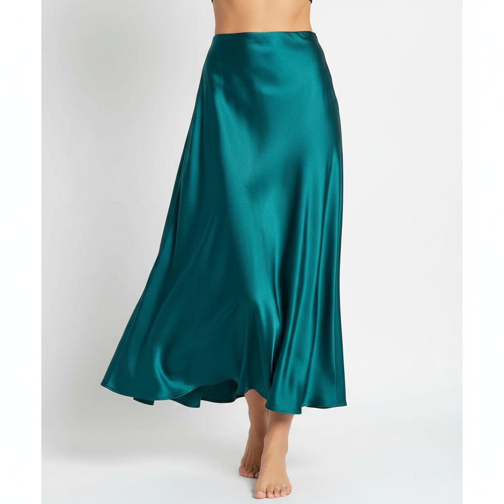 Satin Silk Midi Skirt in Emerald Teal – Model Shot