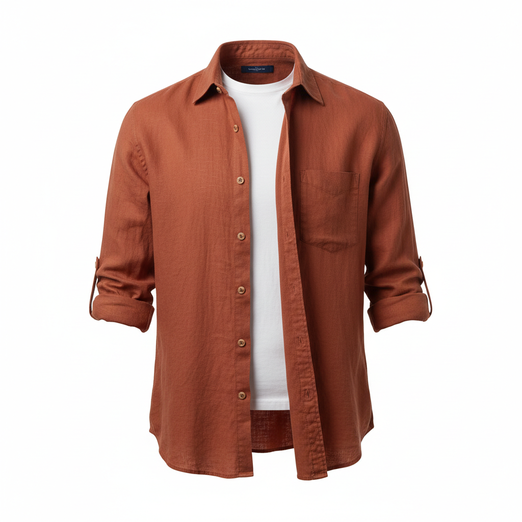 Linen Casual Shirt – Terracotta Rust – Front View