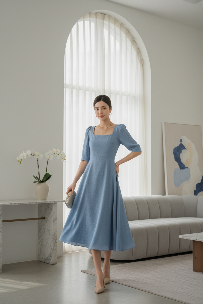 Square Neck A-Line Dress in Powder Blue - Lifestyle