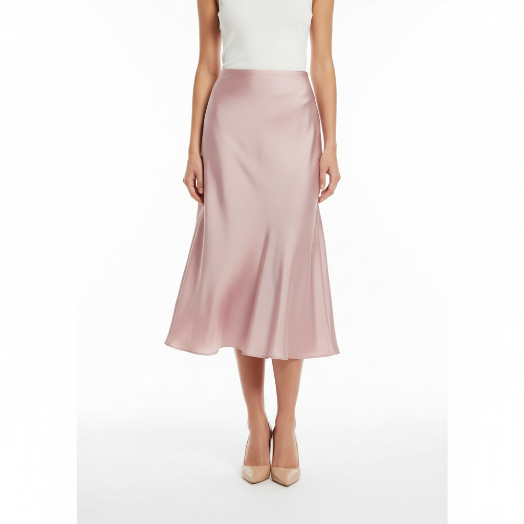 Satin Silk Midi Skirt in Dusty Rose – Model Shot
