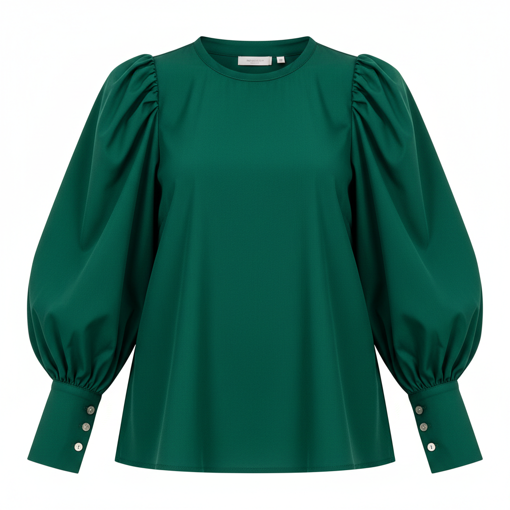 Puff Sleeve Blouse in Forest Emerald – Front View