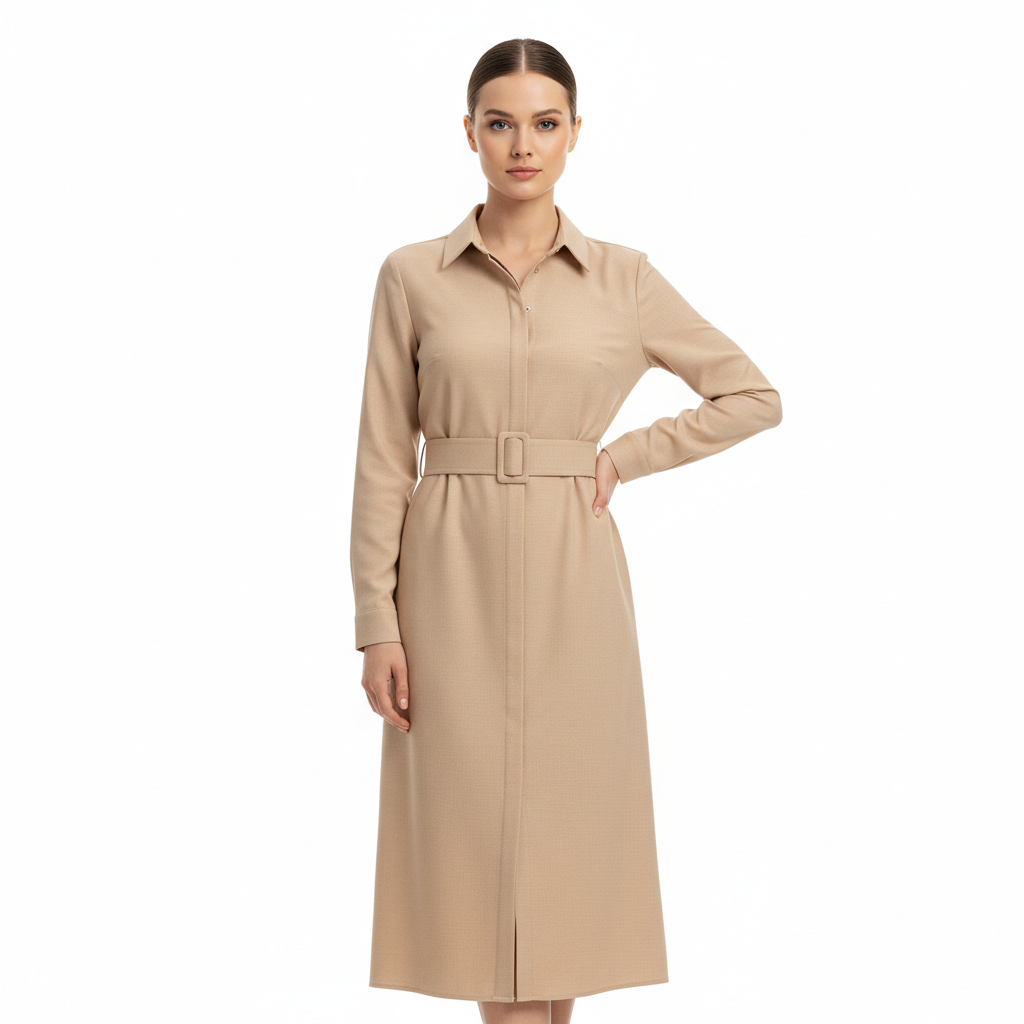 Model wearing Shirt Belted Dress in Sand Beige