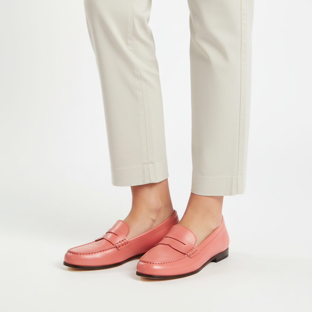 Chic Penny Loafers in Coral Pink – Model Shot