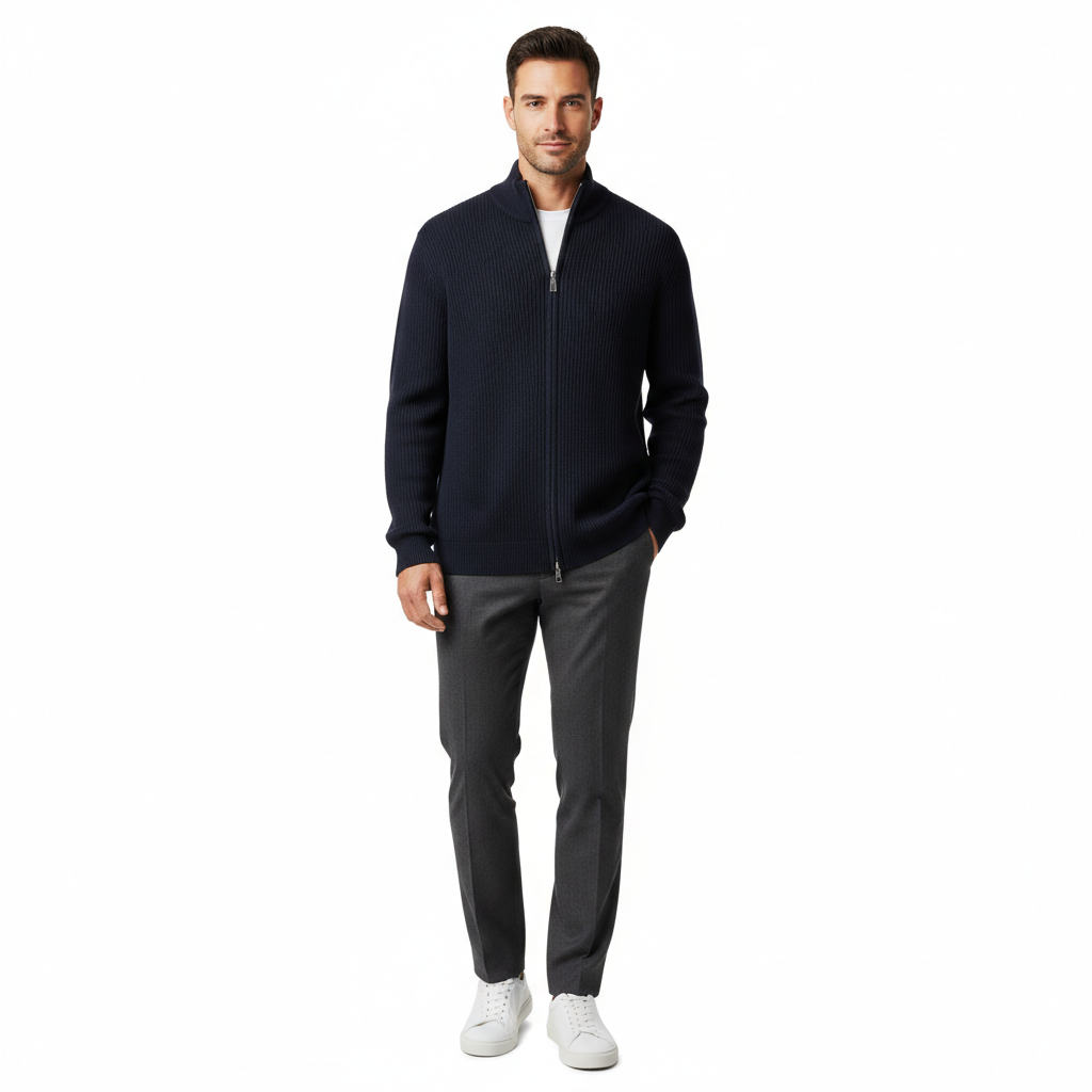 Classic Zip Pullover in Midnight Indigo – Male Model Shot